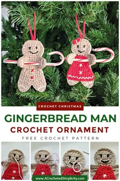 crocheted gingerbread man ornament is shown with instructions to make it