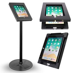 three different ipads are shown on the same stand