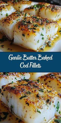 garlic butter baked fish fillets on a white plate