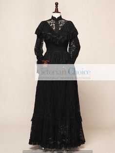 High-collared Edwardian black wide lace romantic vintage Edwardian dress Long, flowing lace sleeves with wide cuffs Cascading lace ruffle v-neckline Attached ribbon tie-ups in back to create bow Double layered floor length skirt with lace overlay over soft cotton Mid-line waistband to shape well to waist Romantic ruffled and lace design on bottom hem This skirt needs no hoop or petticoat underneath it 40 inches (102 cm) from waist to hem Follow us on our Instagram @VictorianChoice The best way t Penny Dreadful Vanessa, Adult Women Halloween Costumes, Vanessa Ives, Black Lace Overlay Dress, Gothic Wedding Dress, Bustle Dress, Witch Halloween Costume, Edwardian Dress, Penny Dreadful