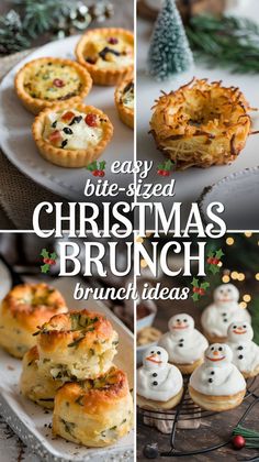 A festive collage of bite-sized Christmas brunch ideas: mini quiches, hashbrown nests, cheesy rolls, and snowman cupcakes. Cozy and inviting holiday theme. Christmas Day Brunch Ideas, Christmas Brunch Food, Christmas Day Brunch, Bite Size Breakfast, Christmas Brunch Menu, Easy Brunch Ideas, Breakfast Ideas For A Crowd, Brunch Ideas For A Crowd, Christmas Brunch Ideas