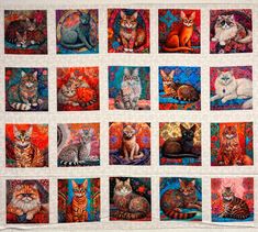 a quilt with many cats on it and one cat laying down next to the other