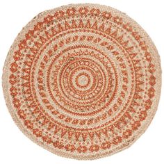 an orange and white round rug on a white background