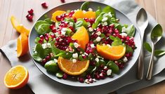 a salad with oranges, spinach and feta cheese on a white plate