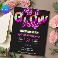 this is an image of a neon glow birthday party card with flowers on the table