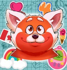 a cartoon fox with an ice cream cone in its mouth and hearts on his head