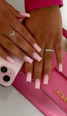 Solid Color With Design Nails, Light Pink Nails With Design Simple, Labour Nails, Basic Medium Acrylic Nails, Plain Nails With Design, Long Square Acrylic Nails Designs For Summer, Girly Acrylics, Pretty French Tips, Cute Long Square Nails