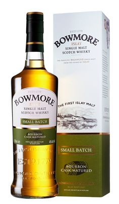 a bottle of bowmore single malt scotch whisky next to a box on a white background