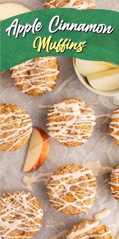 apple cinnamon muffins with icing and apples in the background