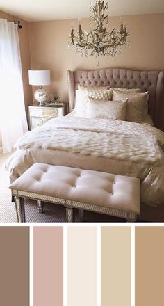 a bedroom with neutrals and pinks on the walls, white bedding, chandelier