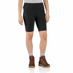 Built for warm days and hard work, these women's Carhartt shorts offer a mix of fast-drying comfort and plenty of stretch. They're made from durable knit fabric with a high-waist cut that keeps you covered as you reach and lift. Stash your tools and small essentials into the abrasion-resistant utility pockets.Features8.8-ounce, 95% nylon / 5% spandex ponteCarhartt Force® technology is engineered to fight sweat and dry fast, so you stay cool and comfortable 24/7Built to move with Rugged Flex® str Carhartt Bag, Boys Denim Shorts, Carhartt Shorts, Hard Working Man, Carhartt Womens, Carhartt Women, Utility Pockets, Work Shorts, Boys Denim