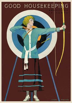 a woman holding a bow and arrow in front of an advertisement for good house keeping