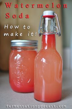 two glass bottles with watermelon soda in them