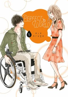 a man sitting in a wheel chair next to a woman with an orange thought bubble