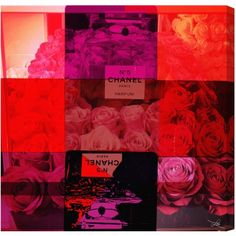 a collage of pink and red flowers with the words chanel next to it