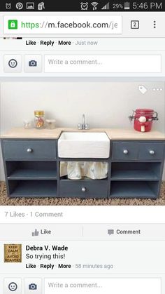 the facebook page has two sinks and an open book shelf on it, with several other items in front of them