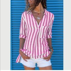 Casual Mid Sleeve Blouse With Large Stripes Striped V-neck Blouse For Vacation, White V-neck Chic Shirt, Collared Pink Beach Tops, White Collared Beach Top, Trendy Striped Blouse For Vacation, Collared Pink Top For Beach, Pink Collared Beach Top, Trendy V-neck Shirt For Vacation, Striped Long Sleeve Summer Blouse