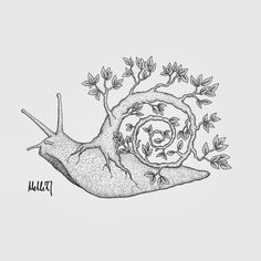 a black and white drawing of a snail with leaves on it's back side