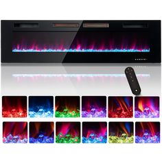 an electric fireplace with colorful lights and remotes on the side, all in different colors