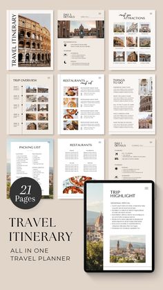 the travel itinerary is displayed on top of a tablet and in front of an ipad