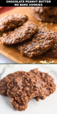 chocolate peanut butter no bake cookies on a cutting board and in front of the same cookie