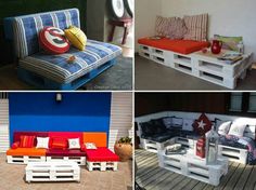 four different types of outdoor furniture made from pallets