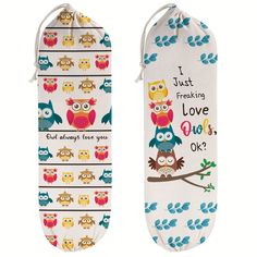 two oven mitts with owls on them and saying i just freaking love owls ok?