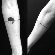 two tattoos on the arms of people with black and white ink, one has an ocean wave