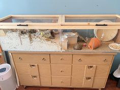 a large fish tank sitting on top of a wooden cabinet