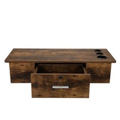 a wooden box with two drawers on the top and one drawer open to reveal something