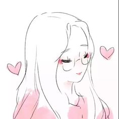 a drawing of a girl with long white hair and pink hearts on her forehead, looking at the camera