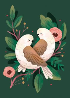 two white birds sitting on top of a green branch with pink flowers and greenery