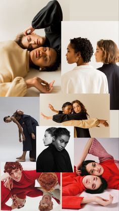 the collage shows many different images of people in various poses, with one woman laying on