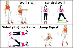 a woman doing exercises with the wall sits, side - lying leg raise and jump squat