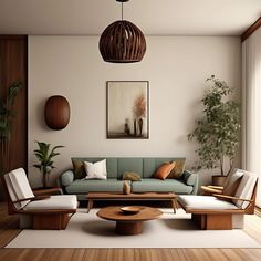 a living room filled with furniture next to a wooden table and potted plant on top of a hard wood floor