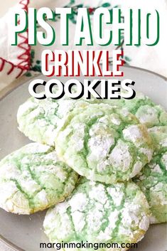 green and white cookies on a plate with text overlay that reads, how to make pistachio crinkle cookies