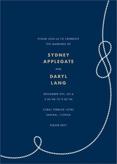 the navy blue and white wedding card features an image of a rope that has been tied to