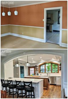 before and after pictures of a kitchen remodel with island countertop, bar stools