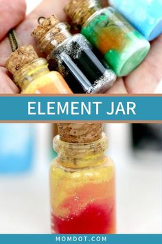 a hand holding a bottle filled with different colored liquids and the words, element jar