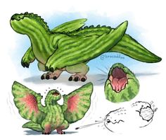 an image of a watermelon dinosaur with its mouth open and another animal in the background