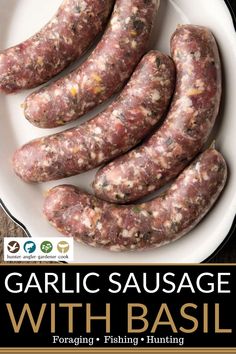 garlic sausage with basil on a white plate