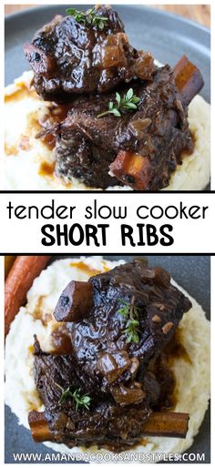 tender slow cooker short ribs on top of mashed potatoes