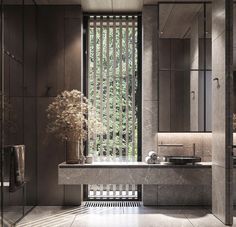 a bathroom with a sink, mirror and plants in the window sill on the wall