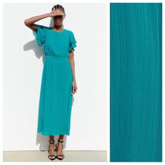 Nwt. Zara Teal Blue Pleated Midi Dress With Round Neckline, Flutter Sleeves, Back Button Closure, Lined. Size M. Ref. 8741/041. Pit To Pit 18" Flat, Shoulders 13", Sleeves 8", Waist 14", Length 51". Pleated Midi Dress, Flutter Sleeves, Zara Dresses, Teal Blue, Flutter Sleeve, Round Neckline, Midi Dress, Zara, Womens Dresses