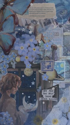 an altered collage with blue flowers and butterflies