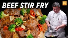 a man cooking beef and broccoli on top of rice with the words beef stir fry