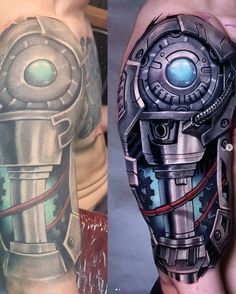 two different tattoos on the same arm and one has a robot head with blue eyes