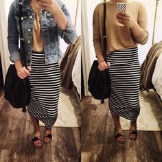 Fall skirt outfits. Fall modest outfits. Striped skirt. Fall Modest Outfits, Striped Skirt Outfit, Modest Fall Outfits, Skirt Outfit Fall, Pentecostal Fashion, Modest Apparel, Peach Top