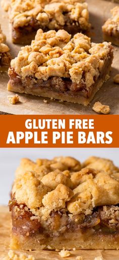 an apple pie bar is cut into squares and stacked on top of each other with the words gluten free apple pie bars above it