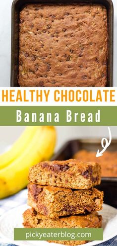 healthy chocolate banana bread is stacked on top of each other with bananas in the background